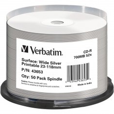 Immagine di CD vergini 80 Verbatim, 52x DLP, superficie argento per stampe ink-jet, in cakebox da 50 unità