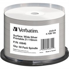 Immagine di DVD+R 4,7 GB Verbatim 16x Inkjet argento Superficie piena 50er Cakebox