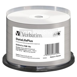 Afbeelding van DVD+R 4,7GB Verbatim 16x inkjet wit volledige oppervlakte 50er Cakebox