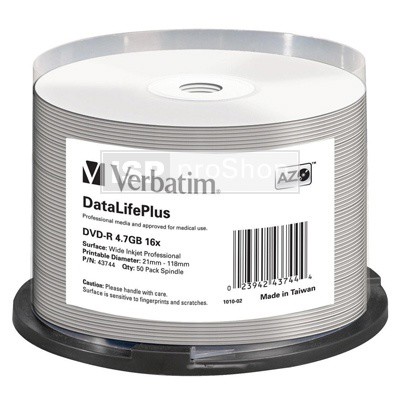 Image de DVD-R 4.7GB Verbatim 16x surface blanche imprimable jet d´encre - Cakebox de 50