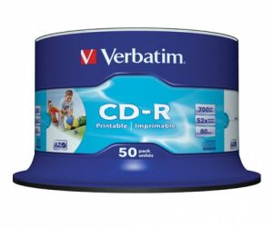 Verbatim üres CD, tintasugaras nyomtatható, fehér, 80 perc/700MB, 52x képe