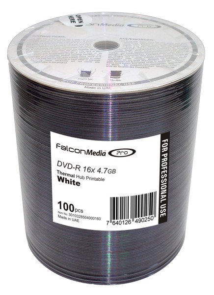 تصویر  أقراص DVD-R بيضاء فارغة Falcon Media FTI ذات 4.7 جيجابايت، 8x ، و قابلة للطباعة بالنقل الحراري و إعادة النقل الحراري