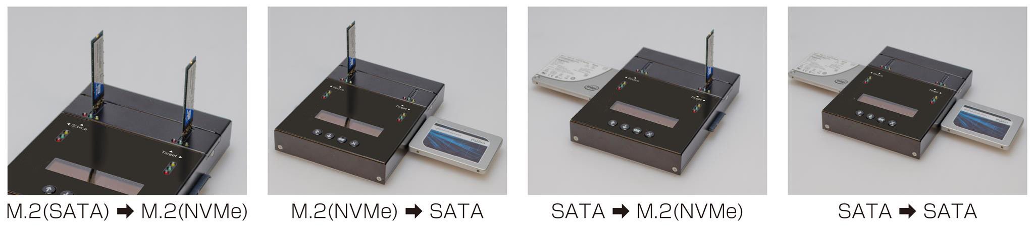 Dargestellt sind vier verschiedene Optionen der möglichen Datenübertragung (M.2 SATA>M.2NVMe; M.2 NVMe>SATA; SATA>M.2 NVMe; SATA>SATA)