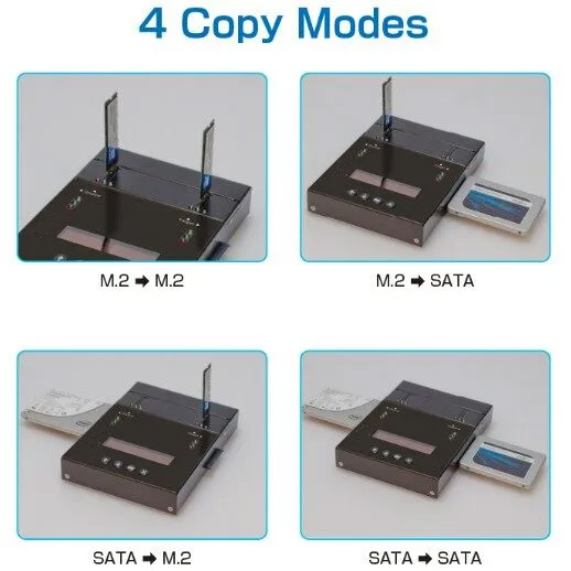 4 Kopiermodi: M.2>M.2, M.2>SATA, SATA>M.2, SATA>SATA